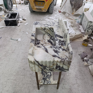 Handcrafted Calacatta Viola Marble Vanity with Fluted Apron and Brass Legs