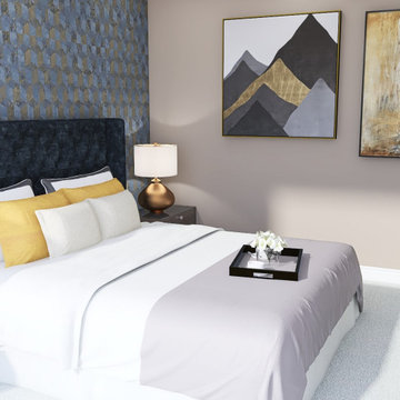 Hotel chic style bedroom, neutral decor, bold accents