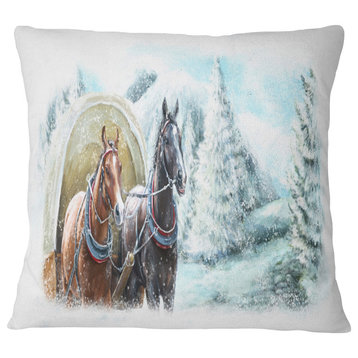 Painted Scene with Horses in Winter Landscape Printed Throw Pillow, 16"x16"