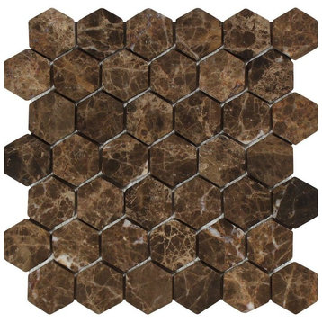 Emperador Dark Spanish Marble Hexagon Mosaic, 2 X 2 Tumbled