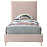 Meridian Furniture - Geri Velvet Upholstered Bed, Pink, Twin - Provide yourself with a few options when you choose the sleek Geri pink velvet twin size bed. The headboard, side rails and footboard are all cushioned and upholstered, with snazzy decorative piping on the headboard and footboard. This bed comes with two different sets of legs so you can match your other decor. Use the gold ones, the chrome ones, or two of each color for a truly contemporary approach.