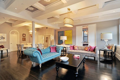 Example of a classic living room design in Chicago with gray walls