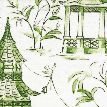 Pinch Pleated Curtain Panels Pair Pagodas Jade Oriental Toile Green Cotton, 96"