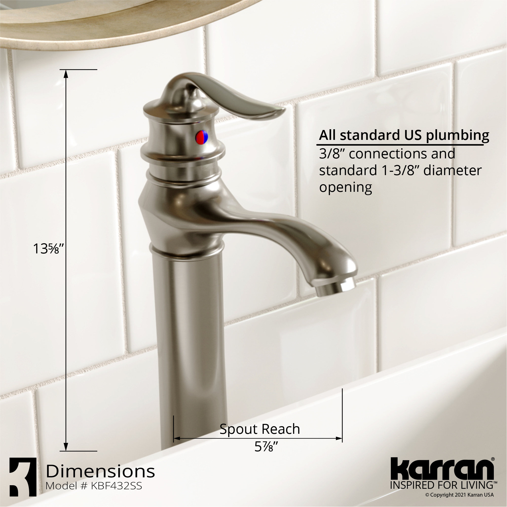 Karran KBF432 1-Hole 1-Handle Vessel Faucet With Pop-up Drain, Stainless Steel