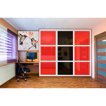 3 Panels Closet / Wardrobe Door with Black & Red Painted Glass Insert, 120"x84" Inches