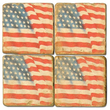 Tumbled Marble Coaster St/4 With Coaster Stand, American Flag