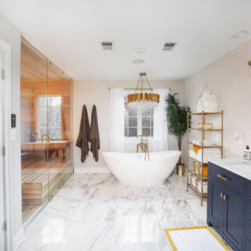 Luxury Master Bathroom with Sauna and Soaking Tub