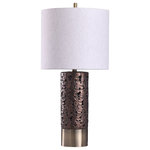 Stylecraft - Chesham Floral Open Design Column Table Lamp, Brass and Bronze, Off White Shade - Mixed materials create an impressive industrial look in this attractive table lamp. The body features ceramic and steel, with a brass base giving way to a long bronze mental section. The off-white shade consists of linen and polyester and adds to the lamp�s symmetry with its cylindrical form. This elegant piece brings fashionable design to bedrooms, living rooms and dining rooms.�