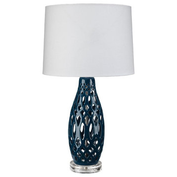 Pierced Ceramic Fretwork Open Entwined Table Lamp 25in Tall Navy Blue White Lace