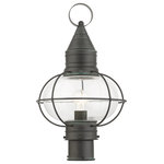 Livex Lighting - Charcoal Nautical, Farmhouse, Bohemian, Colonial, Outdoor Post Top Lantern - The Newburyport outdoor large single-light post top lantern boasts classic nautical and railway styling. This piece features a beautiful hand-blown clear glass globe and a charcoal finish over the hand crafted solid brass construction. With its easy installation and low upkeep requirements, this light will not disappoint.