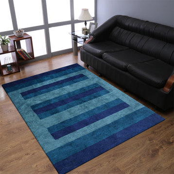 Hand Knotted Loom Silk Mix Area Rug Contemporary Blue Light Blue 4