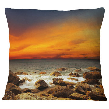 Red Sky Over Rocky Seashore Beach Photography Throw Pillow, 18"x18"