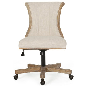 Andrea Contemporary Upholstered Roll Back Swivel Office Chair, Beige + Natural,