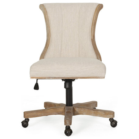 Andrea Contemporary Upholstered Roll Back Swivel Office Chair, Beige + Natural, 100% Polyester