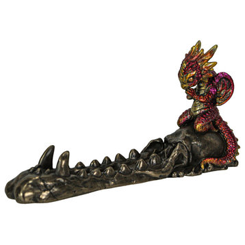 Dragonling Bronze Finish Baby Dragon on Skull Stick Incense Holder