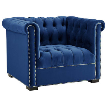 Heritage Upholstered Velvet Armchair, Midnight Blue