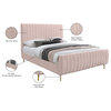 Zara Channel Tufted Velvet Upholstered Bed With Custom Gold Legs, Pink, Full