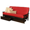 Caleb Frame Futon With Black Finish, Storage Drawers, Suede Red