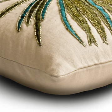Green Linen Embroidery Beaded 16"x16" Throw Pillow Cover - Arboreal