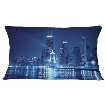 Blue Chicago Skyline Night Cityscape Photo Throw Pillow, 12"x20"