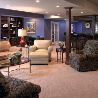 Photo of a medium sized traditional fully buried basement in Philadelphia with purple walls and carpet.