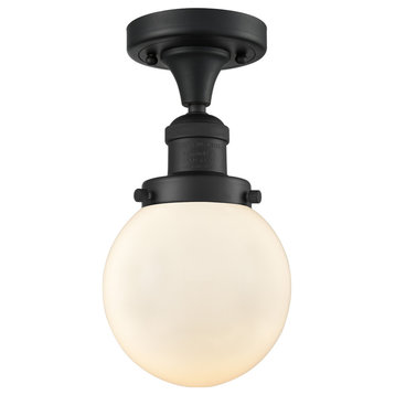 Beacon 1-Light LED Flush Mount, Matte Black, Glass: Matte White Cased
