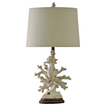 Lakeport Table Lamp, Distressed White Coral Finish, White Fabric Shade