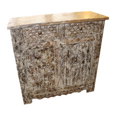 Mogul Interior - Consigned Antique Vintage White Chest Sideboard Side Table Hand Carved 2 Drawer - Buffets and Sideboards