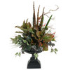 D&W Silks Magnolia Foliage With Oxalis Ivy and Feathers in Black Pedestal Urn