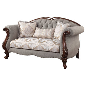 ACME Miyeon Loveseat with 3 Pillows in Gray Fabric and Cherry
