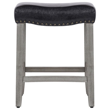 Trent Home 24" Upholstered Saddle Seat Counter Stool in Black Leather