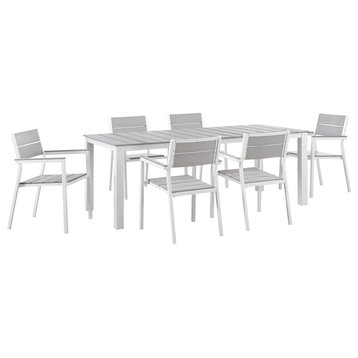 Modern Urban Contemporary, 7-Piece Set Patio Dining Set, White Light Gray Steel