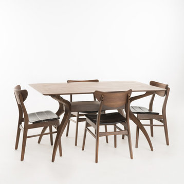 GDF Studio 5-Piece Adelade Brown Leather Wood Curved Leg Dining Set