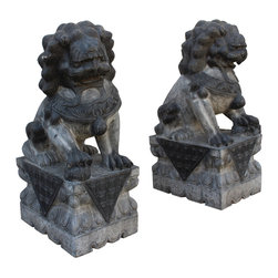 Chinese Pair Black Gray Stone Fengshui Foo Dog Statues cs2328E - Garden Statues And Yard Art