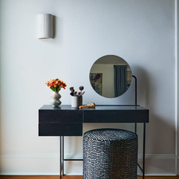 Eclectic Vanity with Pierre Frey Velvet Pouf and Original Fir Flooring