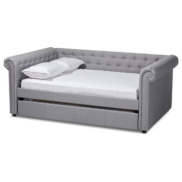 Bowery Hill Mid-Century Fabric Tufted Queen Daybed with Trundle in Gray