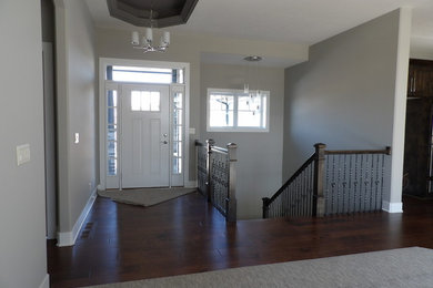 Entryway - mid-sized transitional dark wood floor and brown floor entryway idea in Omaha with gray walls and a white front door