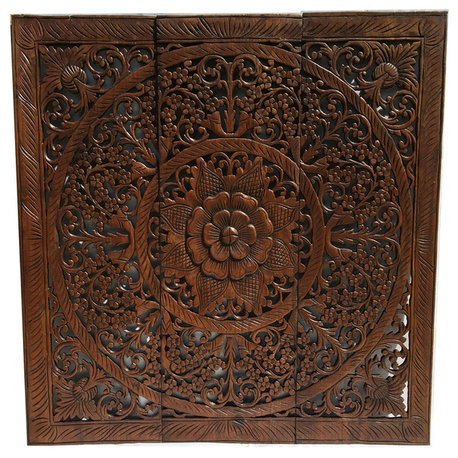 Elegant Wood Carved Wall PanelsWood Carved Floral Wall Art Bali Home Decor 36"