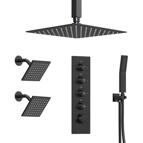Triple Shower System 16" Rainfall Dual Shower Head with Thermostatic Valve, Matte Black