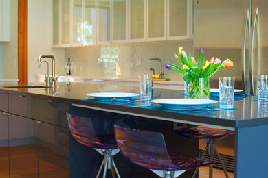 Example of a large minimalist l-shaped light wood floor kitchen pantry design in Denver with white cabinets, blue backsplash, stainless steel appliances and an island