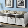 Casual Entryway Storage Bench w/ 3 Cushions Built-in Woven Baskets, White