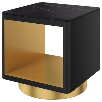 Modern Side Table with Storage Hollow Cube Table with Gold Metal Pedestal, Black