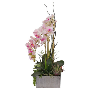 Real Touch Pink Orchid and Succulent Arrangement, Square Silver Pot