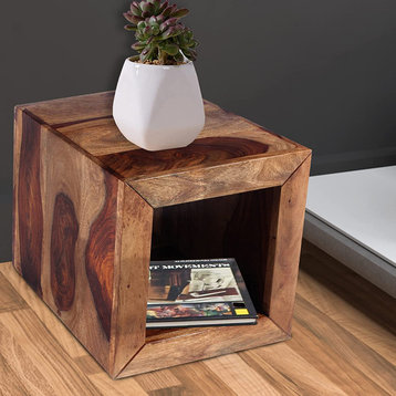 Benzara UPT-30350 Cube Shape Rosewood Side Table With Cutout Bottom, Brown