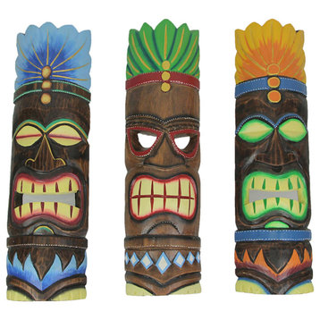 Set of 3 Brightly Painted Hand Carved Elemental Tiki Style Wall Masks 20 Inches