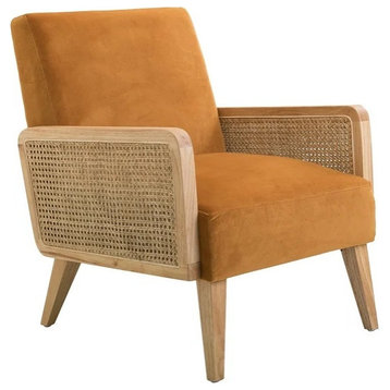 Retro Accent Chair, Natural Wooden Arms With Wicker Accent and Velvet Seat, Yellow