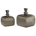Uttermost - Uttermost Cayson Ribbed Ceramic Bottles Set of 2 - Vertically Ribbed Ceramic Finished In A Raw Umber Brown Glaze With Cream Undertones And Brushed Nickel Plated Lift-off Finials. Sizes: Sm-6x8x6, Lg-7x9x7
