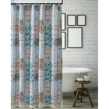 Sea Life Print Shower Curtain With Button Holes, Blue And Brown