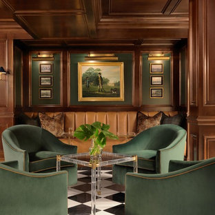 Design ideas for a classic basement in St Louis with no fireplace, multi-coloured floors and green walls.