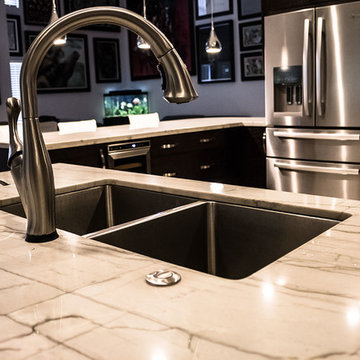 modern kitchen wengue colored with white macaubas quartzite countertop